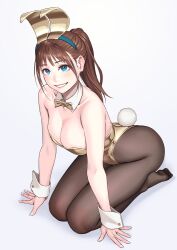 Rule 34 | 1girl, animal ears, bare shoulders, black pantyhose, blue eyes, breasts, cleavage, detached collar, earrings, fake animal ears, fake tail, feet, gold bowtie, gold leotard, grin, highres, jewelry, kneeling, large breasts, leotard, looking at viewer, medium hair, no shoes, original, pantyhose, playboy bunny, ponytail, simple background, smile, solo, tail, teeth, toes, white background, yuuji (and)