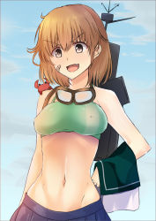 Rule 34 | &gt;:d, ahoge, animal, animal on shoulder, bare shoulders, blue skirt, breasts, brown eyes, brown hair, crab, fang, goggles, goggles around neck, holding, holding clothes, holding shirt, kantai collection, machinery, medium breasts, midriff, navel, oboro (kancolle), pleated skirt, school uniform, serafuku, shirt, short hair, skirt, solo, swimsuit, tai (nazutai), v-shaped eyebrows