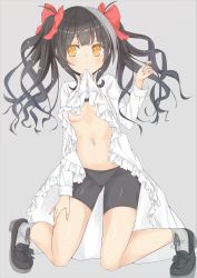 Rule 34 | 1girl, bike shorts, black footwear, black hair, blush, bow, breasts, closed mouth, clothes lift, dress, dress lift, frilled dress, frills, grey background, grey socks, hair bow, hand on own thigh, kafuka, kavka, kneeling, loafers, long hair, long sleeves, looking at viewer, mouth hold, navel, original, red bow, shoes, simple background, small breasts, smile, socks, solo, thighs, twintails, underboob, wavy hair, white dress, yellow eyes