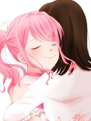 Rule 34 | 2girls, animification, bang dream!, brown hair, choker, crying, gryu ps chi3125, highres, hug, maeshima ami, maruyama aya, multiple girls, pink choker, pink hair, shirt, simple background, smile, tears, twintails, upper body, voice actor, white background, white shirt