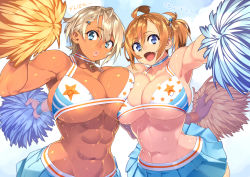 Rule 34 | 23 (real xxiii), 2girls, :o, abs, ahoge, armpits, asymmetrical docking, bikini, blonde hair, blue eyes, blush, breast press, breasts, cheerleader, choker, cleavage, cloud, covered erect nipples, cross, dark-skinned female, dark skin, day, fang, hair ornament, huge breasts, lips, looking at viewer, multiple girls, muscular, muscular female, navel, open mouth, original, outstretched arms, parted lips, pom pom (cheerleading), sela (23), short hair, side ponytail, skirt, sky, smile, sweat, swimsuit, text focus, toned, translation request, underboob, ursula (23), wife and wife, wristband