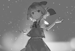 Rule 34 | 1girl, absurdres, arms up, bow, cirno, commentary request, greyscale, grin, hair between eyes, hair bow, highres, kerchief, looking at viewer, monochrome, no pupils, pikumin, shirt, short hair, skirt, skirt set, smile, solo, teeth, touhou