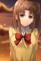 Rule 34 | 1girl, blush, bow, bowtie, brown eyes, brown hair, cardigan, closed mouth, cloud, collared shirt, commentary request, head tilt, highres, long hair, long sleeves, looking at viewer, orange sky, outdoors, parted bangs, red bow, red bowtie, school uniform, shirt, sky, smile, solo, sunset, tsukihime, tsukihime (remake), two side up, uniform, vent vert (kuuya), white shirt, yellow cardigan, yumizuka satsuki