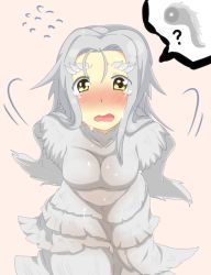 Rule 34 | 1girl, ?, arms behind back, blush, dark souls (series), dark souls i, dragon girl, from above, from software, fur, horns, i b b e, looking at viewer, priscilla the crossbreed, tail, tears, white hair, yellow eyes
