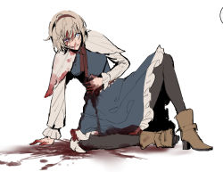 Rule 34 | 1girl, alice margatroid, ascot, black pantyhose, blonde hair, blood, blood on clothes, blood on hands, blood splatter, blue dress, blue eyes, boots, capelet, dress, frilled dress, frills, hair between eyes, hairband, high heel boots, high heels, injury, kaoru (alicemakoto), long sleeves, messy hair, pantyhose, puffy sleeves, red ascot, shawl, short hair, solo, touhou, white shawl