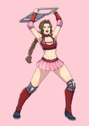 Rule 34 | 1girl, abs, absurdres, aerith gainsborough, alternate costume, armpits, arms up, boots, bow, braid, breasts, brown hair, chair, choker, cirenk, cleavage, commentary, commission, elbow pads, english commentary, final fantasy, final fantasy vii, final fantasy vii remake, folding chair, forehead, full body, green eyes, hair bow, highres, improvised weapon, incoming attack, knee boots, knee pads, long braid, long hair, medium breasts, meme, miniskirt, navel, pink background, pink bow, pink skirt, red choker, single braid, skirt, solo, studded, teeth, toned, upper teeth only, vambraces, wrestling outfit