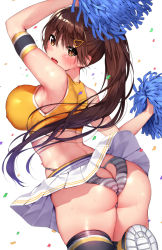 Rule 34 | 1girl, arm up, armlet, armpits, ass, ass cutout, back, bare shoulders, blush, breasts, brown eyes, brown hair, cheerleader, clothing cutout, commentary request, crop top, from behind, grey panties, grey thighhighs, hair ornament, hairclip, heart cutout, large breasts, long hair, looking at viewer, looking back, mataro (matarou), open mouth, original, panties, pleated skirt, pom pom (cheerleading), ponytail, shiny skin, simple background, skirt, sleeveless, smile, solo, striped clothes, striped panties, sweat, thighhighs, thighs, underwear, white background, white skirt