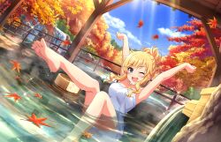 Rule 34 | 1girl, arms up, autumn leaves, blonde hair, blue eyes, cloud, falling leaves, feet, game cg, hair bun, idolmaster, idolmaster cinderella girls, idolmaster cinderella girls starlight stage, leaf, naked towel, official art, ohtsuki yui, one eye closed, onsen, open mouth, partially submerged, soles, solo, sparkle, toes, towel, water, waterfall