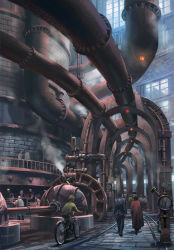 Rule 34 | 6+boys, artist name, bicycle, dated, faceless, faceless male, highres, indoors, industrial pipe, male focus, multiple boys, noba, scenery, standing, steam, steampunk