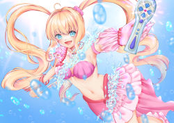 Rule 34 | 1girl, absurdres, bare shoulders, belly, blonde hair, blue background, blue eyes, blush, bra, bracelet, breasts, commentary request, earrings, floating hair, gloves, hair rings, highres, in water, jewelry, large breasts, long hair, looking at viewer, mermaid, mermaid melody pichi pichi pitch, microphone, monster girl, nanami lucia, navel, necklace, ocean, open mouth, pearl bracelet, pearl necklace, pink bra, pink bracelet, pink skirt, shell, shell bikini, shiina awo, shoulder strap, skirt, smile, solo, twintails, underwear, water