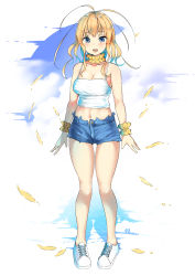 Rule 34 | 1girl, 2018, absurdres, blonde hair, blue eyes, blue hair, breasts, dated, gradient hair, highres, long hair, looking at viewer, medium breasts, multicolored hair, na arva, navel, original, personification, petals, short shorts, shorts, solo, standing