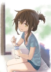 Rule 34 | 1girl, alternate costume, blue shirt, bottle, breasts, brown hair, casual, commentary request, errant, folded ponytail, highres, holding, holding bottle, inazuma (kancolle), kantai collection, long hair, looking at viewer, looking to the side, shirt, short shorts, short sleeves, shorts, sitting, small breasts, solo, sweat, yellow eyes