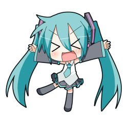 Rule 34 | &gt; &lt;, :d, chibi, chibi miku, closed eyes, hatsune miku, minami (colorful palette), open mouth, simple background, smile, solo, thighhighs, twintails, vocaloid, zettai ryouiki