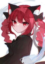 Rule 34 | 1girl, absurdres, animal ears, black dress, braid, cat ears, cat tail, dress, extra ears, highres, juliet sleeves, kaenbyou rin, long hair, long sleeves, multiple tails, pointy ears, puffy sleeves, red eyes, red hair, shion 343, simple background, solo, tail, touhou, twin braids, two tails, upper body, white background