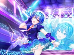 Rule 34 | 1girl, beret, blue eyes, blue hair, blue skirt, earrings, gloves, glowstick, hat, highres, holding, holding microphone, hololive, hoshimachi suisei, idol, jewelry, layered skirt, microphone, mugiusagi, necklace, necktie, one eye closed, open mouth, purple gloves, screen, side ponytail, skirt, solo, stage, stage lights, star (symbol), star earrings, star in eye, star necklace, symbol in eye, thighhighs, virtual youtuber, white hat, white thighhighs, zoom layer