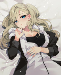 Rule 34 | 1girl, ariko youichi, black jacket, blonde hair, blue eyes, blush, breasts, cleavage, collarbone, commission, hood, hoodie, jacket, large breasts, long hair, lying, on back, on bed, open clothes, open jacket, parted lips, partially unzipped, persona, persona 5, pink nails, skeb commission, sleeves rolled up, solo, swept bangs, takamaki anne, twintails, white hoodie