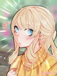 1girl aoiabyss arrow_through_heart artist_name blonde_hair blue_eyes blurry blurry_background blush closed_mouth commentary earrings genshin_impact highres implied_yuri jewelry long_hair navia_(genshin_impact) outdoors smile solo sparkle sweater upper_body yellow_sweater