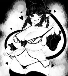 Rule 34 | 1girl, :d, alternate costume, animal ears, blunt bangs, bow, braid, breasts, cat ears, cat girl, cat tail, cleavage, collarbone, commentary, cowboy shot, curvy, detached collar, detached sleeves, extra ears, fang, greyscale, hair bow, haseru (ginku mh), heart, huge breasts, kaenbyou rin, looking at viewer, monochrome, multiple tails, nekomata, nightgown, open mouth, panties, pointy ears, side braids, sidelocks, skin fang, smile, solo, symbol-only commentary, tail, thighhighs, tongue, tongue out, touhou, twin braids, two tails, underwear