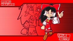 Rule 34 | 1girl, ascot, black hair, bow, character name, commentary, frilled bow, frilled hair tubes, frilled shirt collar, frills, hair bow, hair tubes, hakurei reimu, highres, multicolor the new hedgehog, orange footwear, parody, ponytail, red bow, red eyes, red shirt, red skirt, self-upload, shirt, skirt, sleeveless, sleeveless shirt, smile, solo, sonic (series), sonic battle, spanish commentary, style parody, touhou, yellow ascot, zoom layer
