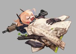 Rule 34 | :3, absurdres, blonde hair, bubble, chibi, closed eyes, clover, girls&#039; frontline, gloves, grey background, highres, jacket, m4 sopmod ii (girls&#039; frontline), open mouth, sleeping, su xiao jei, tagme