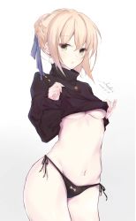Rule 34 | 1girl, artoria pendragon (all), artoria pendragon (fate), black panties, blonde hair, blush, bow, bow panties, breasts, closed mouth, clothes lift, collarbone, commentary request, fate/grand order, fate (series), green eyes, hair between eyes, hair bun, hair ribbon, highres, jewelry, looking at viewer, navel, open mouth, panties, ribbon, saber (fate), sai (saipoko), shirt lift, side-tie panties, simple background, single hair bun, small breasts, solo, standing, underboob, underwear, white background