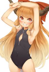Rule 34 | 1girl, armpits, arms up, black one-piece swimsuit, blush, bow, cameltoe, flat chest, front zipper swimsuit, grin, hair bow, horns, ibuki suika, jpeg artifacts, long hair, looking at viewer, meme attire, nishiuri, one-piece swimsuit, oni, orange eyes, orange hair, ribbon, showing armpits, simple background, smile, solo, swimsuit, touhou, white background