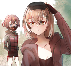 Rule 34 | 2girls, ahoge, anya melfissa, black camisole, black shorts, braid, braided bangs, brown eyes, brown hair, brown hoodie, camisole, fingerless gloves, forest, gloves, green hoodie, holocouncil, hololive, hololive english, hololive indonesia, hood, hoodie, looking at viewer, macartura08, mask, mouth mask, multicolored hair, multiple girls, nanashi mumei, nature, official alternate costume, purple eyes, rust (game), short hair, shorts, smile, streaked hair, tree, virtual youtuber
