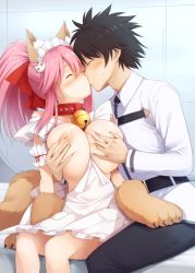 Rule 34 | 1boy, 1girl, animal ear fluff, animal ears, apron, apron between breasts, bare shoulders, bell, bow, breasts, breasts out, cat hair ornament, chaldea uniform, cleavage, closed eyes, clothed male nude female, collar, fate/extra, fate/grand order, fate (series), fox ears, fox girl, fox tail, frills, fujimaru ritsuka (male), grabbing, grabbing another&#039;s breast, hair between eyes, hair bow, hair ornament, jingle bell, kiss, kurikara, large breasts, long hair, naked apron, neck bell, nipples, nude, pink hair, ponytail, red bow, short hair, sideboob, sidelocks, sitting, tail, tamamo (fate), tamamo cat (fate), tamamo cat (third ascension) (fate), thighhighs, thighs, white apron, white thighhighs