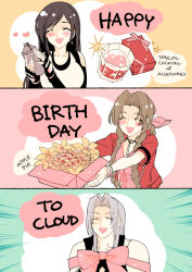 Rule 34 | 1boy, 2girls, aerith gainsborough, alcohol, apple pie, armor, bangle, bare shoulders, bartender, birthday, black bra, black gloves, black hair, black jacket, blush, bow, box, bra, bracelet, braid, braided ponytail, breasts, brown hair, character name, choker, closed eyes, cloud strife, cocktail glass, cocktail shaker, cropped jacket, cup, dress, drinking glass, earrings, elbow gloves, english text, final fantasy, final fantasy vii, final fantasy vii remake, fingerless gloves, flower, gift, gift box, gloves, green background, grey hair, hair ribbon, happy birthday, heart, holding, holding box, jacket, jewelry, large breasts, long hair, medium breasts, multiple girls, nair (mindcreator), open mouth, outstretched arms, parted bangs, pink background, pink bow, pink dress, pink ribbon, red jacket, ribbon, ribbon choker, sephiroth, shirt, short sleeves, shoulder armor, sidelocks, smile, sparkle, sports bra, swept bangs, tifa lockhart, underwear, upper body, white shirt, yellow background, yellow flower