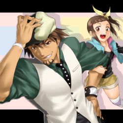 Rule 34 | 10s, 1boy, 1girl, age difference, bow, bracelet, braid, braided bangs, brown eyes, brown hair, cabbie hat, facial hair, father and daughter, hair bow, hair ornament, hairclip, hat, jewelry, kaburagi kaede, kaburagi t. kotetsu, letterboxed, necktie, onsoku inu, short hair, shorts, side ponytail, striped clothes, striped thighhighs, stubble, thighhighs, tiger &amp; bunny, vest, watch, wristwatch, zettai ryouiki