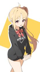 Rule 34 | 1girl, absurdres, ahoge, black hoodie, blonde hair, bocchi the rock!, choppy bangs, commentary request, detached ahoge, highres, hood, hood down, hoodie, ijichi nijika, interlocked fingers, long hair, long sleeves, looking at viewer, naseul 777, no pants, open mouth, parted bangs, partial commentary, red eyes, side ponytail, smile, solo, thighs, two-tone background, white background, yellow background