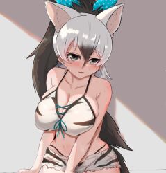 Rule 34 | 1girl, aardwolf (kemono friends), aardwolf print, akaisuto, animal ears, animal print, bare shoulders, bikini, black hair, blush, breasts, cleavage, extra ears, hair between eyes, highres, kemono friends, kemono friends 2, large breasts, long hair, looking at viewer, multicolored hair, open mouth, ponytail, shorts, smile, solo, swimsuit, tail, two-tone hair, white hair