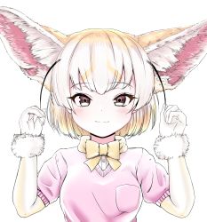 Rule 34 | 1girl, absurdres, akegata tobari, animal ear fluff, animal ears, black hair, blonde hair, bow, bowtie, breast pocket, brown eyes, buttons, closed mouth, commentary request, extra ears, fennec (kemono friends), fox ears, fur trim, gloves, hands up, highres, kemono friends, layered sleeves, long sleeves, looking at viewer, multicolored hair, pink sweater, pocket, short-sleeved sweater, short over long sleeves, short sleeves, simple background, smile, solo, sweater, upper body, white background, white hair