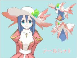 Rule 34 | 1girl, arms behind back, blue background, blue eyes, blue hair, breasts, closed mouth, commentary request, cowboy shot, cross, dress, hair between eyes, hat, high priest (ragnarok online), highres, juliet sleeves, kusabi (aighe), leaf hat ornament, long bangs, long hair, long sleeves, looking at viewer, medium breasts, multiple views, pink headwear, puffy sleeves, ragnarok online, red dress, sash, simple background, smile, sun hat, two-tone dress, white dress, white headwear, white sash