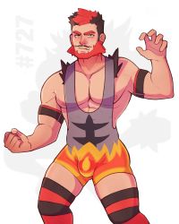 Rule 34 | 1boy, bara, beard, black hair, blush, bulge, claw pose, creatures (company), facial hair, fang, feet out of frame, flame print, game freak, geckobara, gen 7 pokemon, green eyes, highres, incineroar, large pectorals, looking at viewer, male focus, mature male, multicolored hair, muscular, muscular male, nintendo, nipple slip, nipples, pectoral cleavage, pectorals, personification, pokemon, red hair, red thighhighs, short hair, sidepec, skindentation, solo, striped clothes, striped thighhighs, thick thighs, thighhighs, thighs, two-tone hair, wrestling outfit