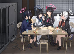 Rule 34 | ..., ...?, 4girls, ?, absurdres, aisumegane, animal ears, black hair, black jacket, black pantyhose, black socks, blazer, blue archive, blue neckerchief, blue necktie, blunt bangs, blush, bread, bread bun, cake, cat ears, cat girl, cat tail, chain, chained, chair, closed eyes, commentary request, cuffs, cup, demon horns, dining room, door, drinking glass, eating, food, food on face, fork, halo, hand on own cheek, hand on own face, highres, holding, holding fork, hood, hooded jacket, horns, indoors, iron bars, jacket, kayoko (blue archive), kazusa (blue archive), kidnapped, kikyou (blue archive), kneehighs, lock, long hair, multicolored hair, multiple girls, multiple tails, neckerchief, necktie, nervous sweating, on chair, open mouth, padlock, pantyhose, pink halo, ponytail, prison cell, restrained, school uniform, serafuku, serika (blue archive), shackles, shaded face, short hair, sitting, smile, socks, spoken ellipsis, spoken question mark, strawberry shortcake, streaked hair, sweat, table, tail, tail wrap, tile wall, tiles, twintails, two-tone hair, two tails, white hair, white serafuku, white socks