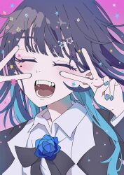 Rule 34 | 1girl, ado (utaite), black bow, black bowtie, black hair, black jacket, blue flower, blue hair, blue nails, blue rose, blush, bow, bowtie, chando (ado), closed eyes, cloud nine inc, collared shirt, colored inner hair, commentary, double v, facing viewer, floating hair, flower, flower brooch, hayakawasakushiido, highres, jacket, long hair, long sleeves, mole, mole under eye, multicolored hair, nail polish, open mouth, pink background, rose, shirt, smile, solo, star (symbol), teeth, two-tone hair, utaite, v, white shirt