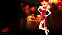Rule 34 | 1girl, aizawa hikaru, blonde hair, blue eyes, china dress, chinese clothes, chinese new year, cleavage cutout, clothing cutout, double bun, dress, folding fan, green eyes, hand fan, hand on own hip, highres, microsoft, multicolored eyes, nail polish, official art, official wallpaper, shinia, side slit, silverlight, smile, solo, wallpaper