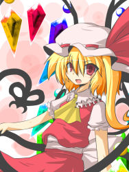 Rule 34 | 1girl, ascot, blonde hair, crystal, fang, female focus, flandre scarlet, goma (gomasamune), hat, hat ribbon, laevatein, open mouth, red eyes, ribbon, short hair, short sleeves, side ponytail, solo, touhou, weapon, wings