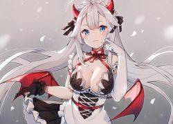 Rule 34 | 1girl, ahoge, artist name, bare shoulders, bat wings, black ribbon, blue eyes, blush, bow, bowtie, breasts, cleavage, closed mouth, cross-laced clothes, detached collar, dress, elbow gloves, falling petals, floating hair, frills, gloves, gradient background, grey background, hair ribbon, highres, horns, indie virtual youtuber, large breasts, long hair, looking at viewer, maid headdress, oni, petals, petticoat, red bow, red bowtie, ribbon, silver hair, simple background, solo, upper body, vei (vtuber), vei (vtuber) (4th costume), very long hair, virtual youtuber, white dress, white gloves, white headwear, wings, yennineii