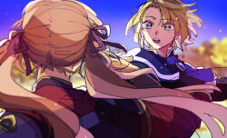 Rule 34 | 1boy, 1girl, blonde hair, blue cape, blue eyes, blurry, blurry background, cape, dimitri alexandre blaiddyd, edelgard von hresvelg, facing another, fire emblem, fire emblem: three houses, from behind, grey hair, hair ribbon, highres, light blush, long hair, looking at another, mi cha iru, nintendo, open mouth, parted bangs, purple ribbon, ribbon, short hair, twintails, upper body, wide-eyed