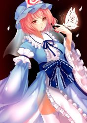 Rule 34 | 1girl, :o, bad id, bad twitter id, blue dress, bug, butterfly, butterfly on hand, cherry blossoms, cowboy shot, dress, frilled dress, frills, hat, insect, japanese clothes, kimono, long sleeves, looking at viewer, mob cap, nail polish, obi, petals, pink eyes, pink hair, red nails, saigyouji yuyuko, sash, short hair, solo, thighhighs, touhou, triangular headpiece, tsukiriran, upper body, white thighhighs, wide sleeves