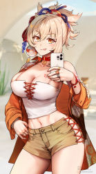 Rule 34 | 1girl, arm tattoo, blonde hair, blurry, blurry background, breast tattoo, breasts, choker, cleavage, collarbone, commentary, cowboy shot, foreshortening, foxyreine, genshin impact, hair between eyes, hair intakes, hair ornament, highres, holding, holding phone, japanese clothes, jewelry, large breasts, leaning to the side, long sleeves, looking at viewer, multiple rings, navel, open clothes, patreon logo, phone, ring, selfie, short shorts, shorts, signature, single bare shoulder, smartphone case, solo, standing, tattoo, thighs, toned, tongue, tongue out, watermark, web address, yoimiya (genshin impact)