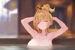 Rule 34 | 1girl, absurdres, armpits, arms up, blonde hair, blurry, blurry background, breasts, closed eyes, covering privates, granblue fantasy, hair intakes, hair ornament, hair stick, highres, large breasts, long hair, mirin (granblue fantasy), naked towel, nude cover, partially submerged, solo, tai (e3d1p), towel, wet