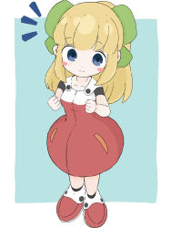 Rule 34 | 1girl, absurdres, black socks, blonde hair, blue background, blue eyes, blush stickers, closed mouth, commentary request, dress, full body, highres, long hair, looking at viewer, mega man (classic), mega man (series), notice lines, ponytail, red dress, red footwear, roll (mega man), rururu (pyrk8855), shoes, short sleeves, smile, socks, solo, standing, two-tone background, white background