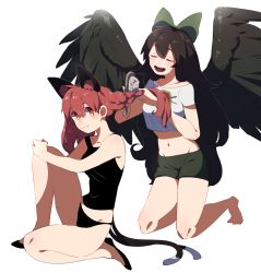 Rule 34 | 2girls, animal ears, bare arms, bare legs, barefoot, bird wings, black footwear, black hair, black panties, black shirt, black wings, bow, cat ears, cat tail, collarbone, closed eyes, feathered wings, full body, green bow, green shorts, hair between eyes, hair bow, hair brush, brushing hair, kaenbyou rin, kneeling, long hair, midriff, multiple girls, multiple tails, namataro, navel, open mouth, panties, red eyes, red hair, reiuji utsuho, shirt, shoes, short shorts, short sleeves, shorts, simple background, smile, tail, tank top, touhou, two tails, underwear, very long hair, white background, white shirt, wings