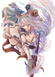 Rule 34 | 10s, 1girl, animal ears, backless outfit, bare back, blue eyes, breasts, cleavage, duplicate, erune, granblue fantasy, heles, highres, pip (red juice1869), polearm, silver hair, solo, spear, weapon