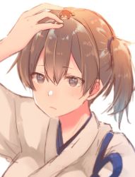 Rule 34 | 2girls, arm up, breasts, brown eyes, brown hair, closed eyes, closed mouth, commentary, hair between eyes, hand on own head, japanese clothes, kaga (kancolle), kantai collection, mini person, minigirl, multiple girls, on head, ponytail, rinto (rint rnt), sendai (kancolle), side ponytail, simple background, sparkle, symbol-only commentary, tasuki