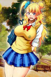 Rule 34 | 1girl, arms behind back, asymmetrical hair, bag, bench, blonde hair, blue eyes, blue scrunchie, blue skirt, blush, bow, bowtie, breasts, collared shirt, day, dutch angle, earrings, fangs, galko, gyaru, hair bun, hair ornament, hair scrunchie, highres, impossible clothes, impossible vest, itachou, jewelry, large breasts, long hair, looking at viewer, one side up, open mouth, oshiete! galko-chan, outdoors, park bench, plaid, plaid skirt, red bow, red bowtie, school bag, school uniform, scrunchie, shirt, single side bun, skirt, sleeves rolled up, solo, standing, stud earrings, sweater vest, tree, v-shaped eyebrows, white shirt, yellow sweater vest