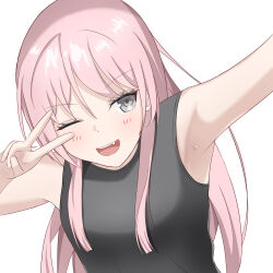 Rule 34 | 1girl, absurdres, armpits, bang dream!, bang dream! it&#039;s mygo!!!!!, beniyomogi, black shirt, blush, chihaya anon, commentary request, fang, grey eyes, highres, long hair, one eye closed, open mouth, pink hair, selfie, shirt, simple background, sleeveless, sleeveless shirt, solo, teeth, upper teeth only, v, v over eye, white background